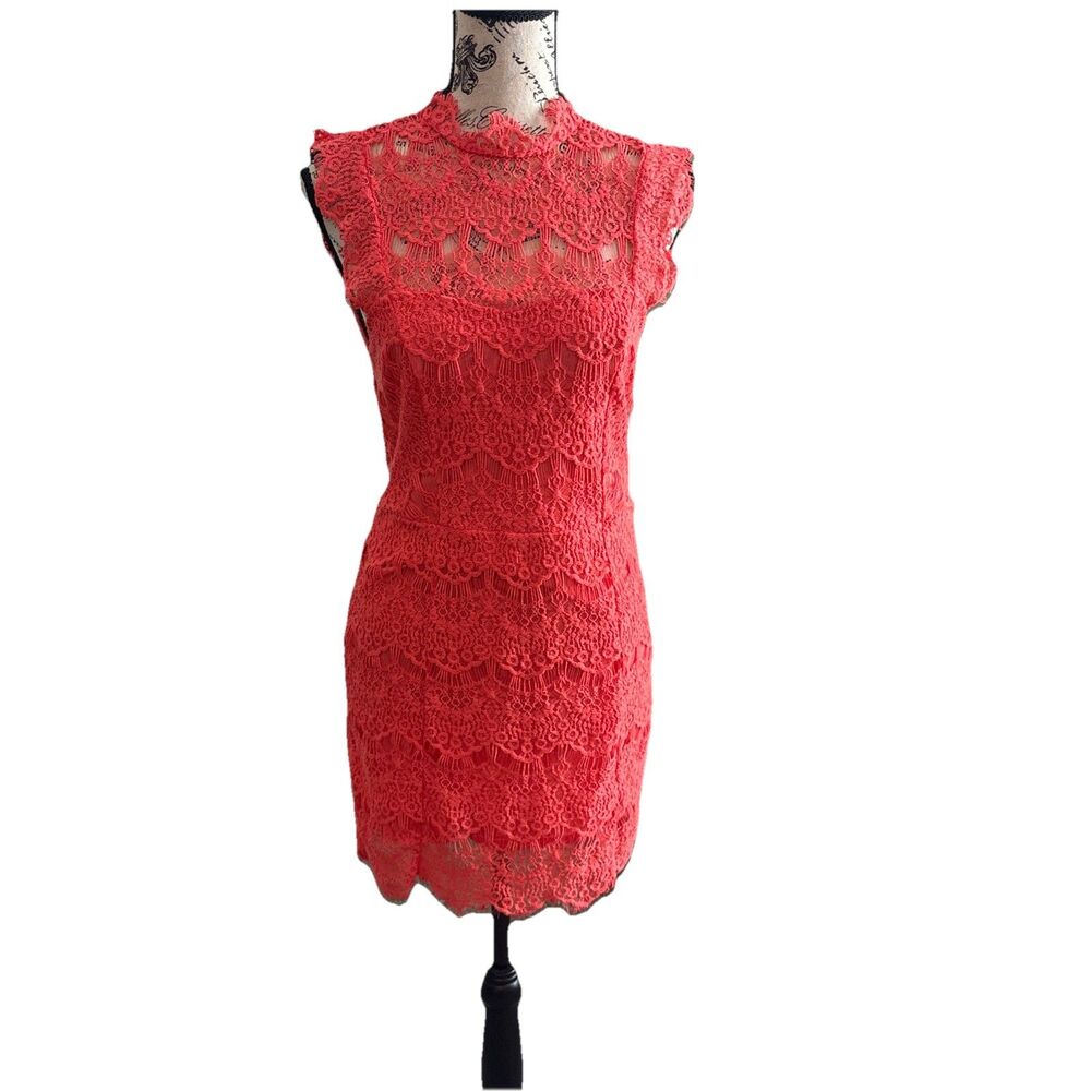 Free People Lace Fringe Bodycon Small Dress Mock Neck Festival Coachella